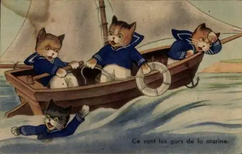 Ak Vermenschlichte Katzen als Matrosen in einem Segelboot