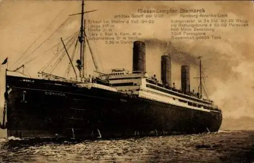 Ak Dampfer Bismarck, HAPAG