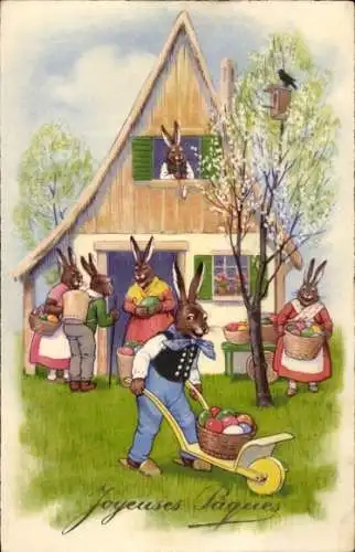 Ak Glückwunsch Ostern, Vermenschlichte Osterhasen, Schubkarre, Ostereier