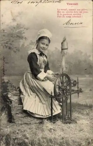 Ak Mädchen in französischer Tracht am Spinnrad