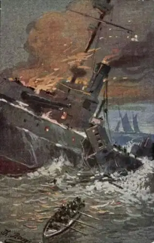 Künstler Ak Rogge, Untergang des britischen Schlachtschiffes Formidable durch deutsche Unterseeboote