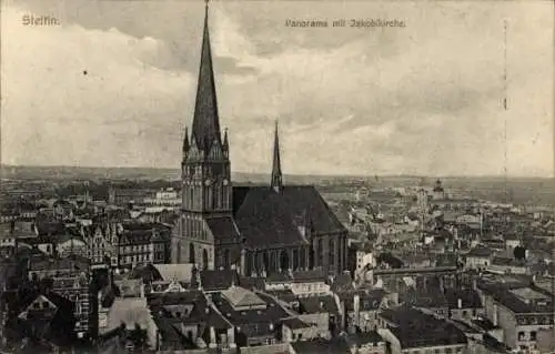 Ak Szczecin Stettin Pommern, Panorama, Jakobikirche