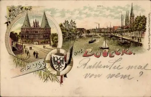 Litho Hansestadt Lübeck, Holstentor, Hafen, Wappen, Rettungsring