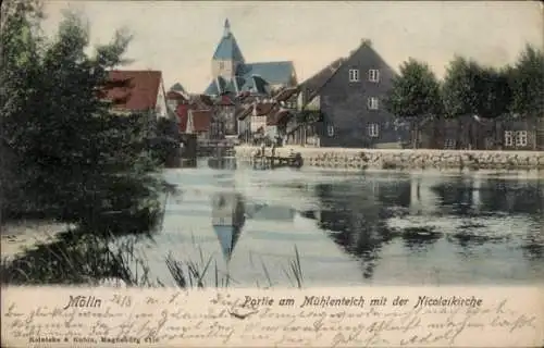 Ak Mölln im Herzogtum Lauenburg, Mühlenteich, Nicolaikirche