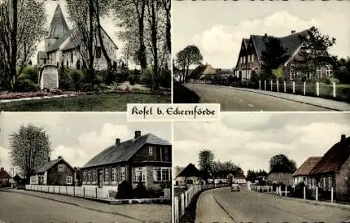 Ak Kosel in Schleswig Holstein, Kirche, Straßenpartie