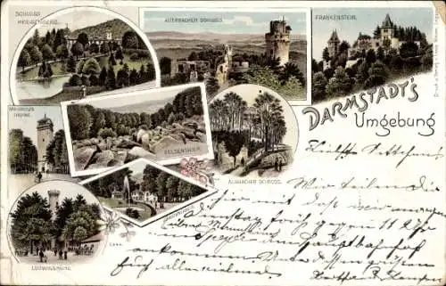 Litho Darmstadt, Frankenstein, Auerbacher Schloss, Felsenmeer, Ludwigshöhe