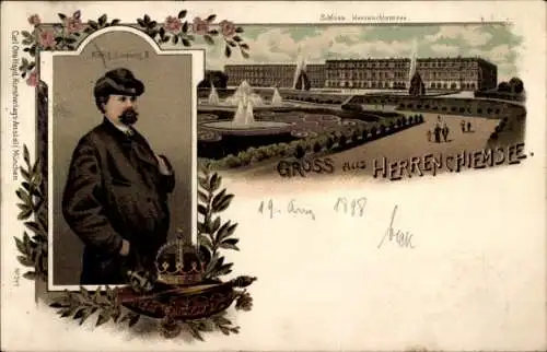 Litho Herrenchiemsee Herreninsel Chiemsee Oberbayern, Schloss, König Ludwig II., Krone