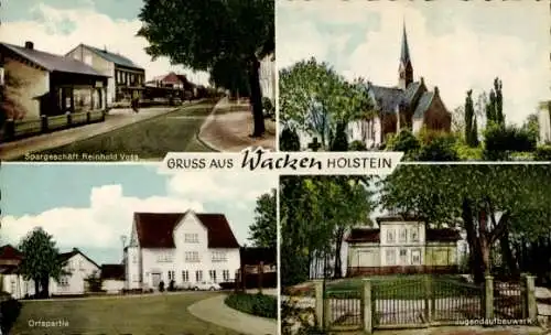 Ak Wacken in Schleswig Holstein, Wappen, Spargeschäft Reinhold Voss, Jugendlaufbauwerk, Kirche