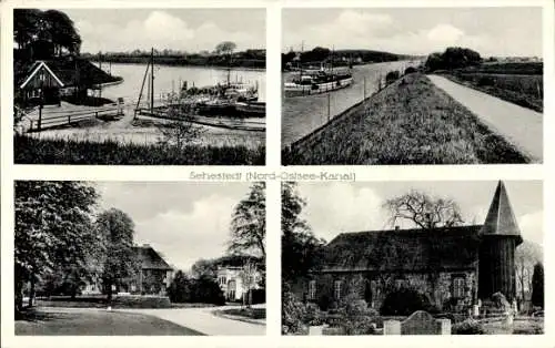 Ak Sehestedt am Nord Ostsee Kanal, Nord-Ostsee-Kanal, Kirche, Schiff, Boote