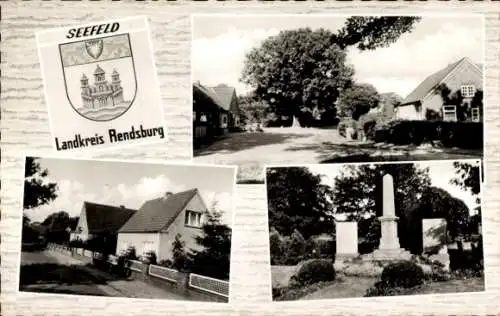 Ak Seefeld bei Rendsburg, Wappen, Ehrenmal, Teilansicht