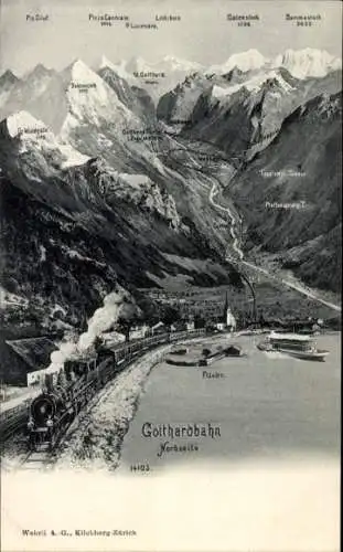 Ak Flüelen Kanton Uri Schweiz, Gotthardbahn, Plattensprung, St. Gotthard, Piz Giuf, Galenstock, Alzd