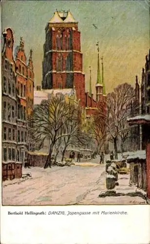 Künstler Ak Hellingrath, B., Gdańsk Danzig, Jopengasse mit Marienkirche, Winteransicht