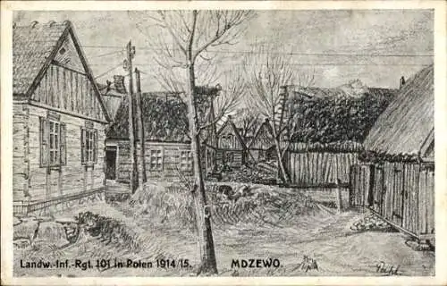 Künstler Ak Mdzewo Polen, Dorfpartie, Landw. Inf.-Reg. 101