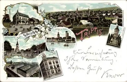 Litho Triptis in Thüringen, Gesamtansicht, Post, Rathaus, Marktplatz