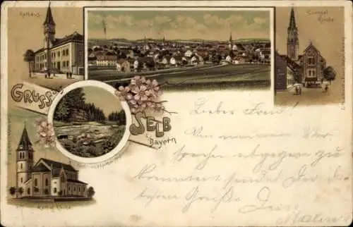 Litho Selb im Fichtelgebirge Oberfranken, Rathaus, Kirchen, Panorama