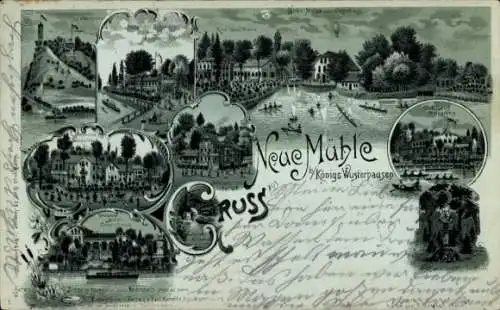 Mondschein Litho Königs Wusterhausen in Brandenburg, Neue Mühle, Hotel, Dampfer