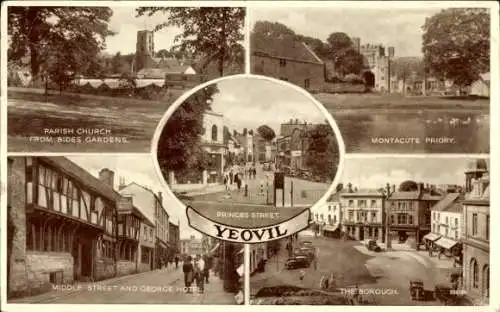 Ak Yeovil Somerset England, Pfarrkirche, Montacute Priory, Middle Street, George Hotel