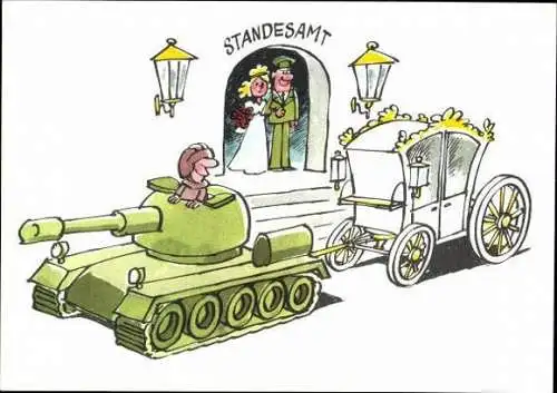 10 AK mit Zeichnungen, Karikatur, Militärhandelsorganisation, im Wickelumschlag