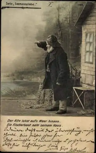 7 AK Serie "Seemannsliebe", ein Liebespaar, Fischer