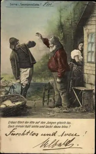7 AK Serie "Seemannsliebe", ein Liebespaar, Fischer