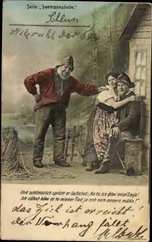 7 AK Serie "Seemannsliebe", ein Liebespaar, Fischer