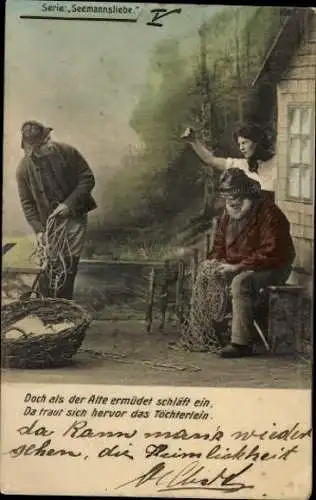 7 AK Serie "Seemannsliebe", ein Liebespaar, Fischer
