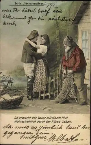 7 AK Serie "Seemannsliebe", ein Liebespaar, Fischer