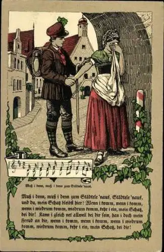 6 AK Deutsche Volkslieder, Steindrucke