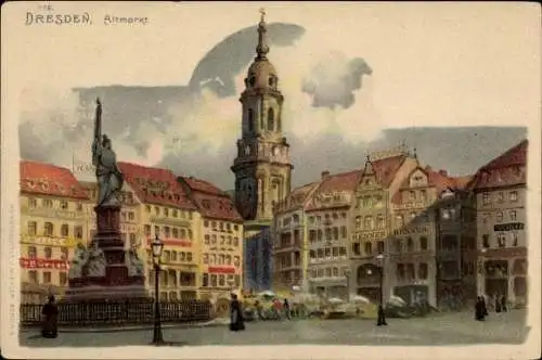 Litho Dresden Altstadt, Altmarkt, Brunnen