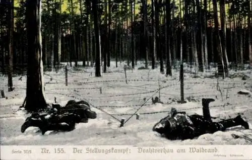 Ak Der Stellungskamp, Drahtverhau am Waldrand, deutsche Soldaten, 1. WK