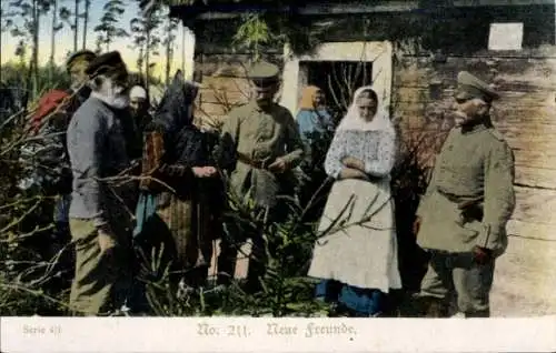 Ak Neue Freunde, deutsche Soldaten mit Dorfbevölkerung, Quartier, Kriegsschauplatz 1. WK