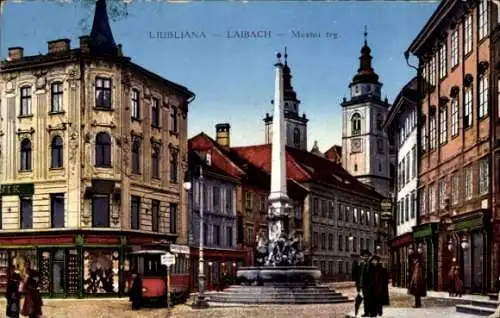 Künstler Ak Ljubljana Laibach Slowenien, Platz, Denkmal, Geschäfte, Straßenbahn