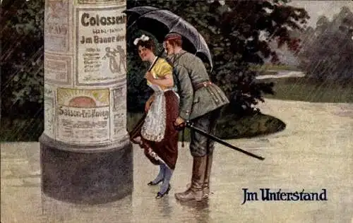 Künstler Ak Thiele, Arthur, Im Unterstand, Soldat mit Frau unter Regenschirm, Litfaßsäule
