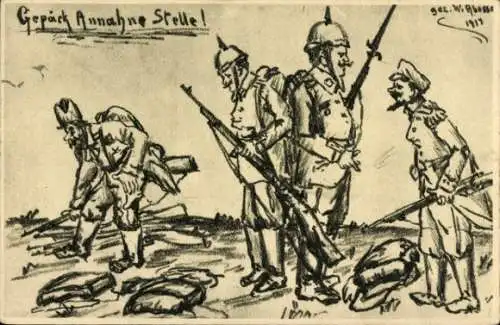 Künstler Ak Deutsche Soldaten, Gepäck-Annahme-Stelle