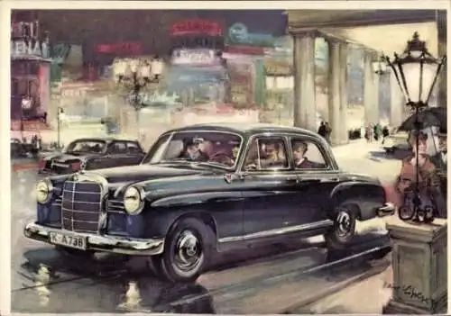 Künstler Ak Mercedes Benz 190, Automobil, Straßenszene, Reklame