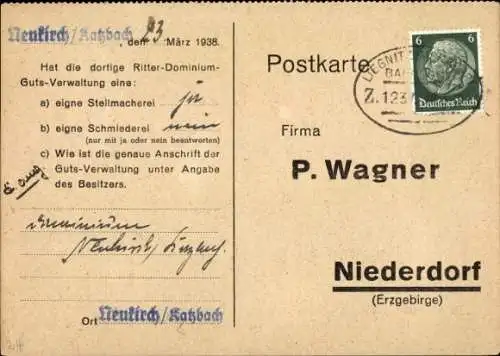 Ak Niederdorf Erzgebirge, Firma P. Wagner, Ritter-Dominium-Guts-Verwaltung Neukirch an der Katzbach