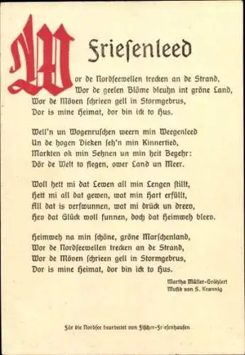 Lied Ak Friesenleed, Wor de Nordseewellen trecken an de Strand, Martha Müller Grählert