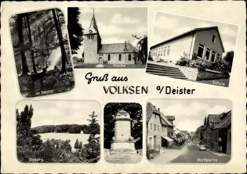 Ak Völksen Springe am Deister, Kirche, Schule, Daberg, Denkmal, Straßenpartie