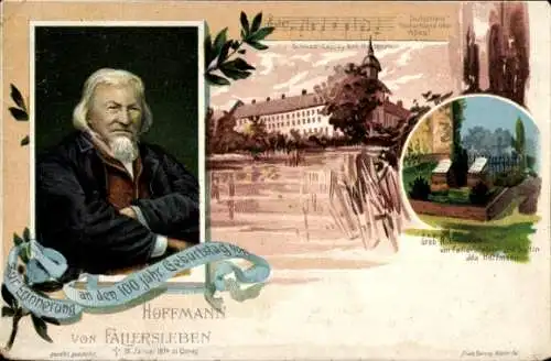 Litho August Hoffmann von Fallersleben, Portrait, Grab, Schloss Carvey