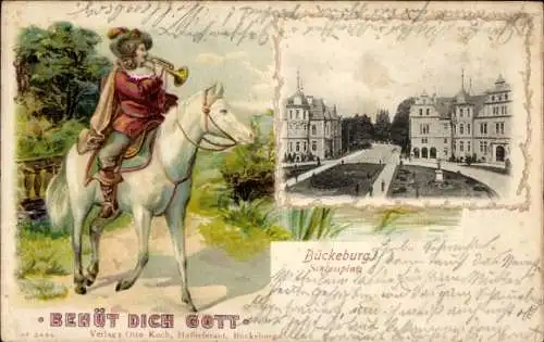 Passepartout Ak Bückeburg im Kreis Schaumburg, Schlossplatz, Trompeter, Behüt Dich Gott