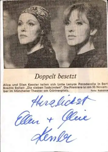 Ak Schauspielerin Alice und Ellen Kessler, Portrait, Die Sieben Todsünden von Bert Brecht, Autogramm