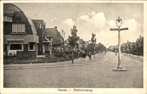 Ak Haren Groningen Niederlande, Stationsweg