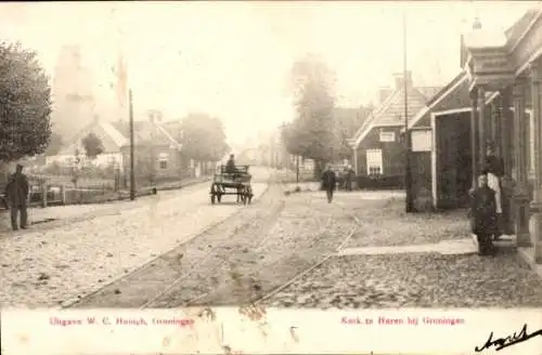 Ak Haren Groningen Niederlande, Straßenpartie an der Kirche