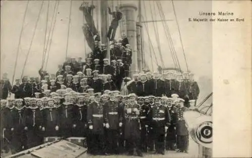 Ak Kaiserliche Marine, Kaiser Wilhelm II. an Bord von SMS Luchs, Kanonenboot, Besatzung, GLK