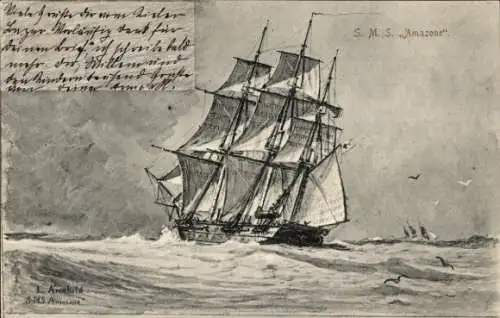 Künstler Ak Segelschiffkorvette SMS Amazone, Dreimastbark, Kaiserliche Marine