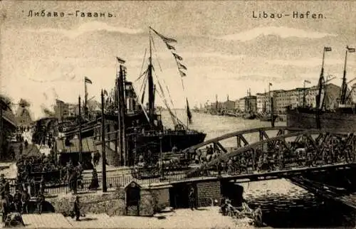 Ak Liepaja Libau Lettland, Hafenpartie, Dampfer, Brücke