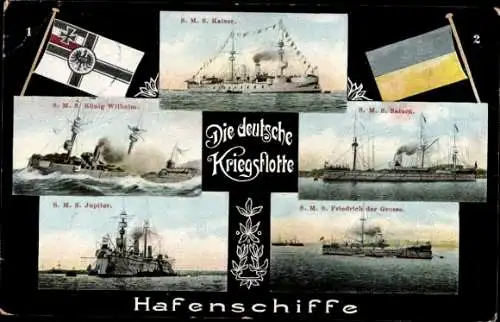 Ak Deutsche Kriegsschiffe, Hafenschiffe SMS Kaiser, König Wilhelm, Saturn, Jupiter, Friedrich d. Gr.