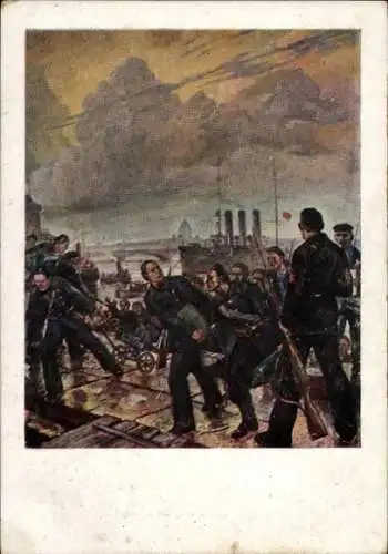 Künstler Ak Schuchmin, Russische Revolution, Panzerkreuzer Aurora 1917, russische Seeleute