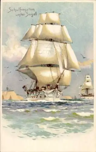 Litho Deutsche Kriegsschiffe, Schulfregatten unter Segel, Segelschulschiffe, SMS Charlotte