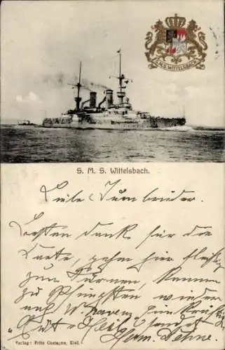Ak Deutsches Kriegsschiff, SMS Wittelsbach, Linienschiff, Kaiserliche Marine, Wappen